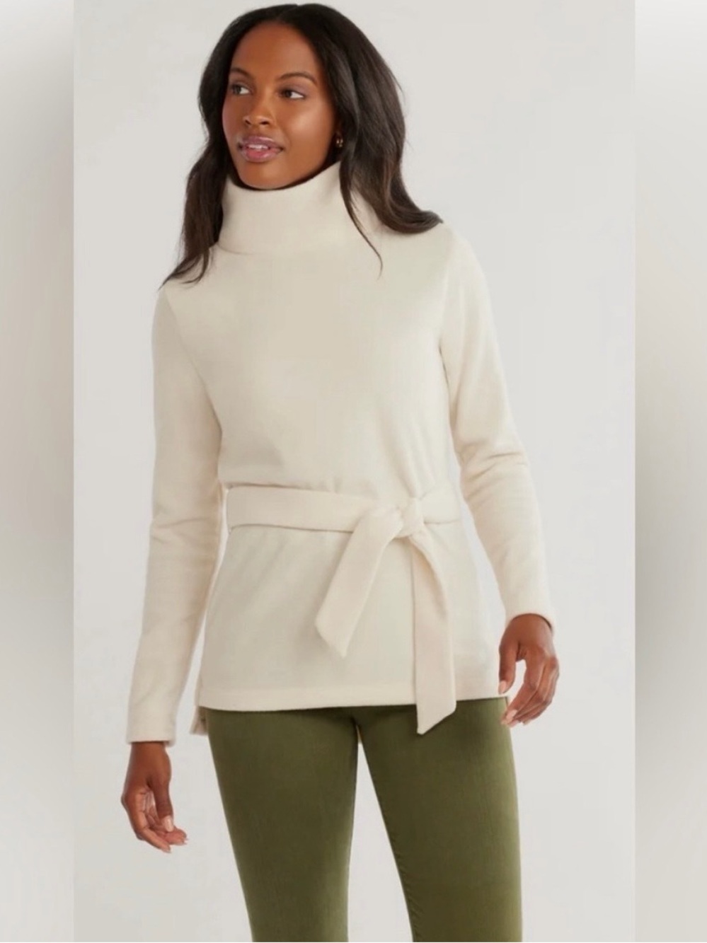 Dudley Stephens Cream Tie-Waist Turtleneck Sweater